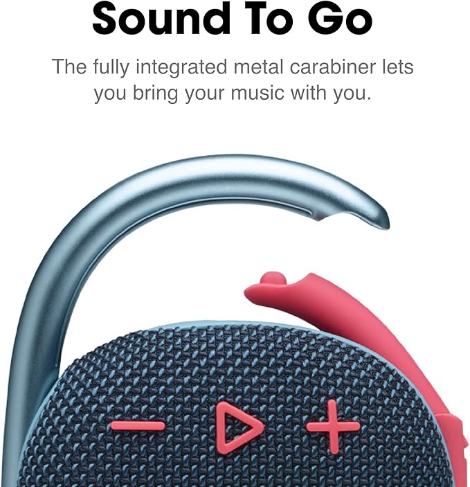 JBL Clip 4, Blue/Coral - Portable Bluetooth 5.1 Speaker - Up to 10 Hours of Play - Waterproof & Dust Resistant - Includes Noise & Echo-Canceling Speakerphone