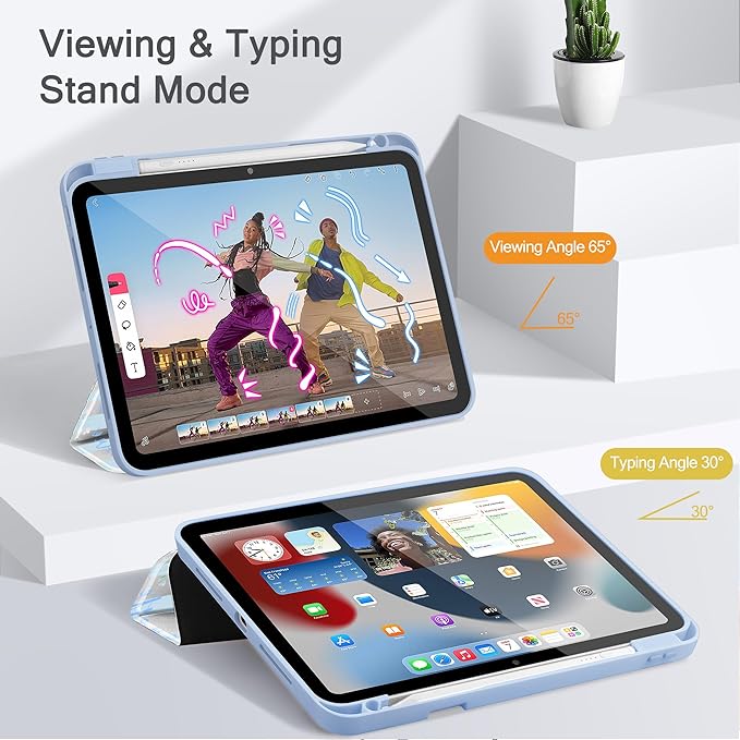 May Chen for iPad Pro 13 Inch Case M5 2025 / M4 2024, Built Pencil Holder & Clear Transparent Print Back Shell Slim Stand Shockproof Tablet Cover, Auto Wake/Sleep, Flower Blue Waves