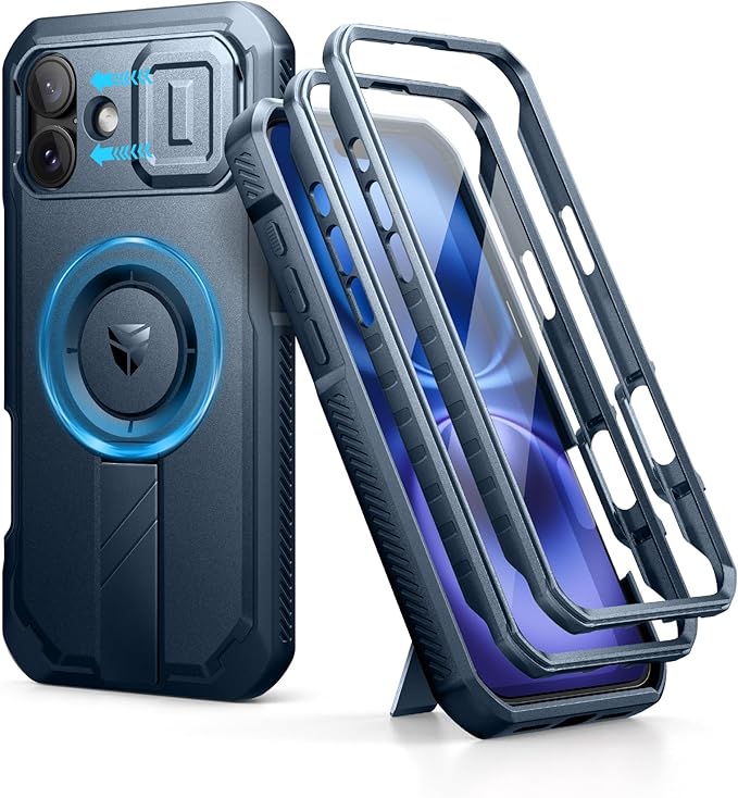 Dexnor for iPhone 16 Plus Case with Slide Camera Cover&Adjustable Kickstand & Built-in Screen Protector,Compatible with MagSafe Shockproof Bumper Cases Heavy-Duty Magnetic Protective Cover,Navy Blue