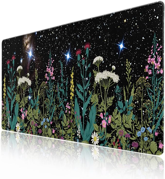 Black Aesthetic Wildflower Large Mouse Pad XXL Space Galaxy Weeds Herb Cute Floral Extended Large Desk Mat Big Desk Pad 90X40 CM Non-Slip Rubber Base Stitched Edge Long Mousepad,35.4 x 15.7 Inch