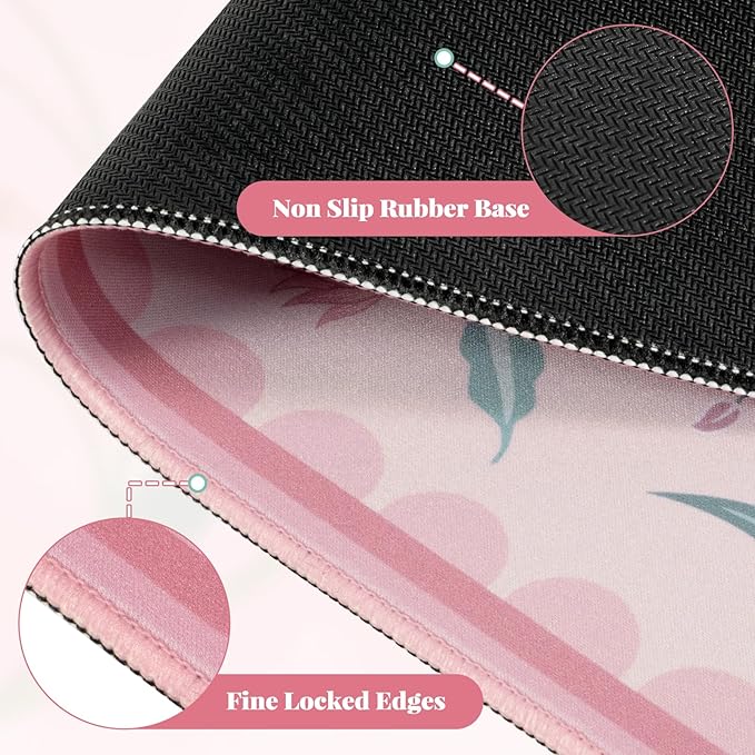 iLeadon Desk Mat Pink, Large Floral Mouse Pad for Desks with Smooth Lycra Surface, Long Full Desk Mouse Cushion for Laptop, Keyboard Mat for Office, Home, Light Pink