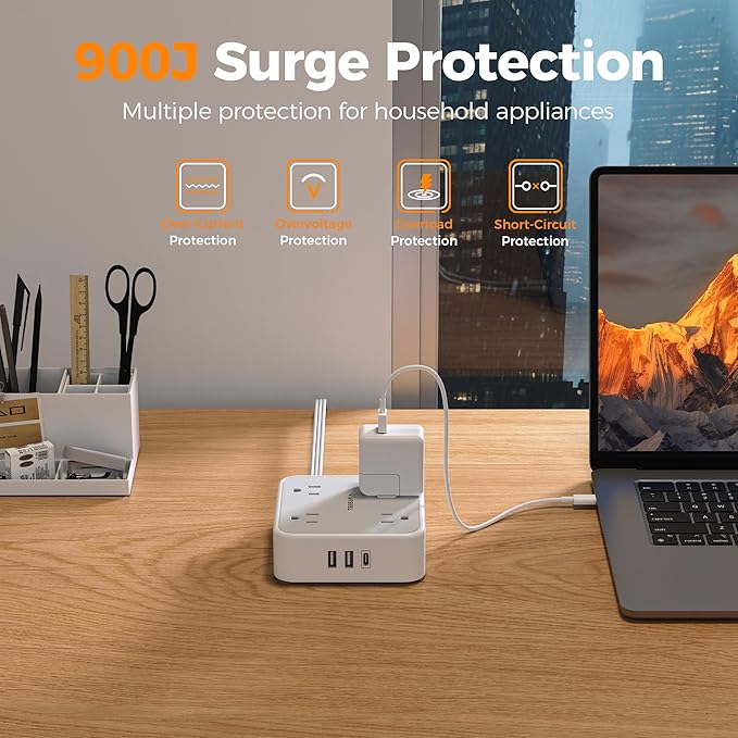 TESSAN Surge Protector Power Strip, 10 Ft Flat Plug Extension Cord with 3 USB (1 USB C) 8 Outlets, 1250W, 900J Protection, 3 Sided Outlet Extender with Ring Plug for Office, Dorm Room, Grey