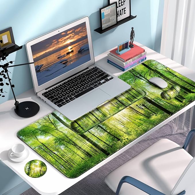 Keyboard Wrist Rest + Mouse Pad with Wrist Support + Desk Mat + Coaster 4 in 1 Set, XXL Large Gaming Mousepad Cute Ergonomic Mouse Pads for Desk Computer Laptop Office Decor-Sunlight Forest