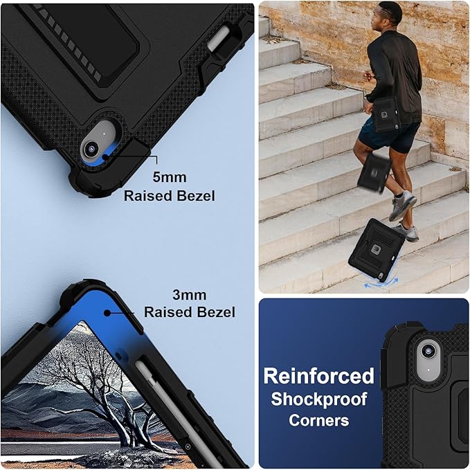 Kids Friendly Case for iPad Air 13 Inch M4 M3 M2 2026/2025/2024 Case with Pencil Holder & Shoulder Strap, Military Grade Shockproof Kickstand Hard Shell Protective Cover,Black