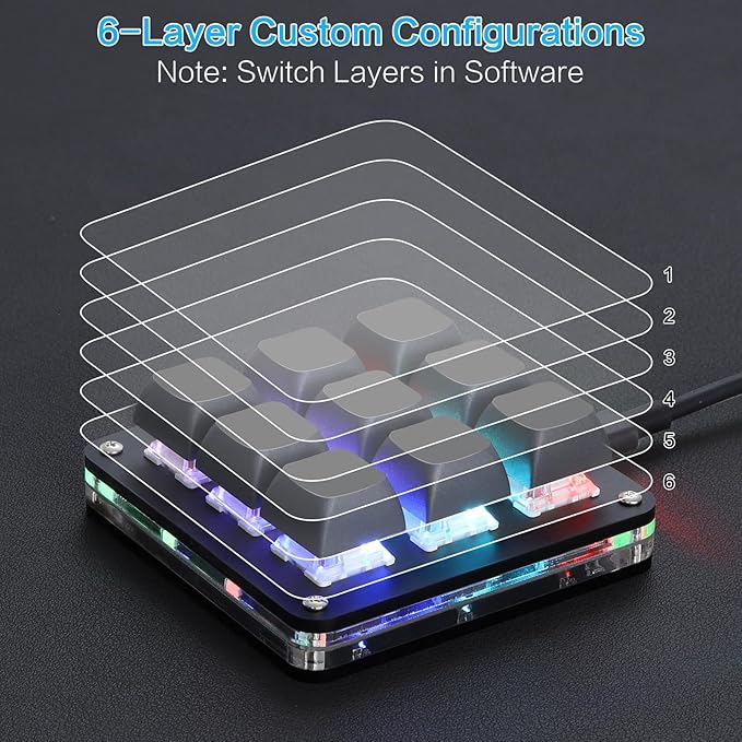 Koolertron Macro Programmable Keypad, One Handed Programmable Mechanical Keyboard, RGB Blue Switch Hot Swappable, 9 Keys Backlit Keypad for Working and Gaming, Black
