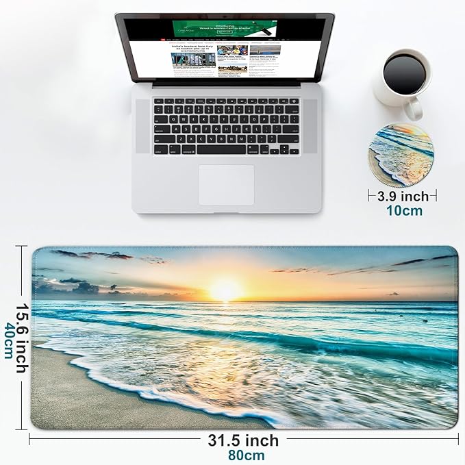 Large Gaming Mouse Pad with Coaster, Desk Matt for Desktop, Desk Pad, Mouse Pads Mat, Stitched Edges Big Extended Mousepad for Computer Keyboard Laptop Office Decor, 31.5'' x15.6''-Beach