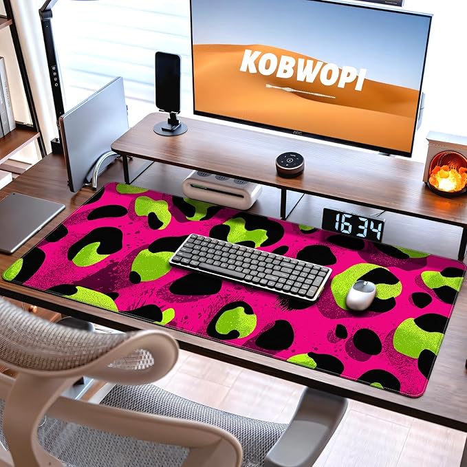 35.4 x 15.7 in, XXL Large Mouse Pad for Desk, Extended Keyboard Mouse Mat for Computer Office, Big Mouse pad with Stitched Edges, Gaming Pc-Leopard Print Pink Green