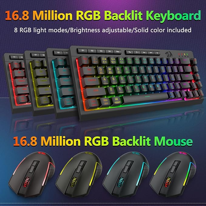Redragon Wireless Gaming Keyboard and Mouse Combo, Bluetooth/2.4G/USB-C Wired, RGB Backlit, 60% Portable Quiet Rechargeable Macro Membrane Keyboard & 12800 DPI Mouse with Software for Win/MAC