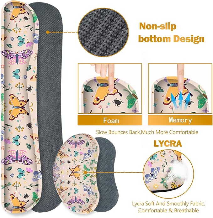 ARTSO Desk Mat Set, Apricot Extended Gaming Mouse Pad with Wrist Rest Support +Keyboard Wrist Rest +Coaster, Large Cute Butterfly Mousepad, Easy Typing and Pain Relief