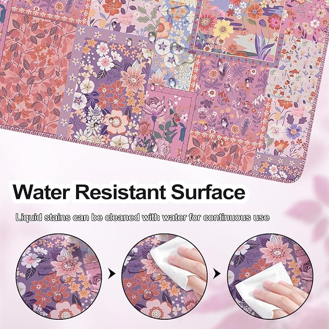 iCasso Floral Desk Pad Mat, Large Mouse Pad, Desk Matt for Desktop, Anti-Slip XXL Big Mousepad with Stitched Edges for Computer Keyboard (Rose Pink)