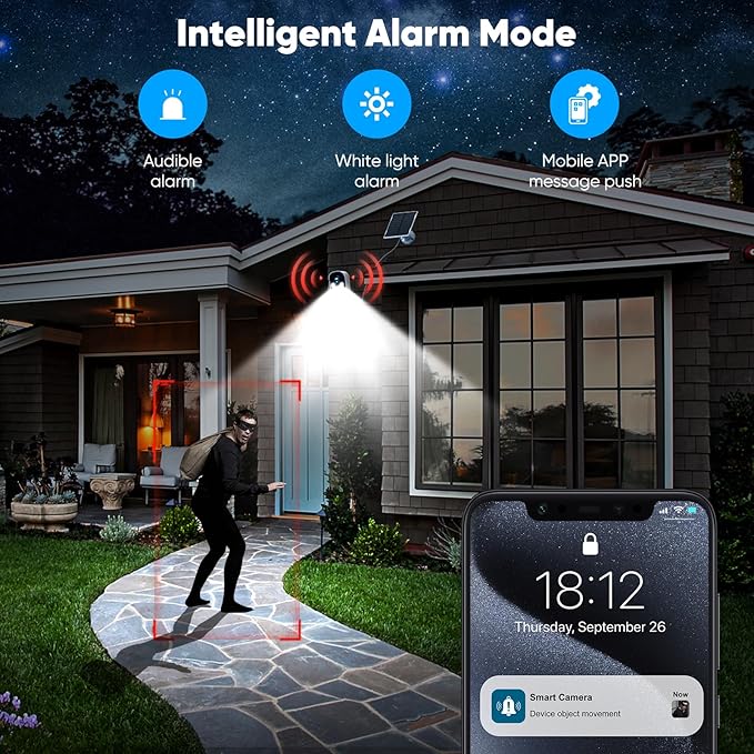 Solar Security Cameras Wireless Outdoor,2K Solar Camera Wireless for Home, 2.4GHz WiFi,Color Night Vision,Two-Way Talk,IP66 Waterproof,Two Spotlights,Cloud/SD(2 Packs,White)
