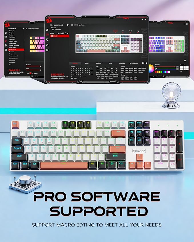Redragon Wireless Mechanical Gaming Keyboard, Tri Mode BT/2.4G/USB-C Hot Swappable Custom Keyboard, RGB Backlit Computer Gaming Keyboards, PBT Keycaps, Programmable for PC/Tablet,K671WBR-KS