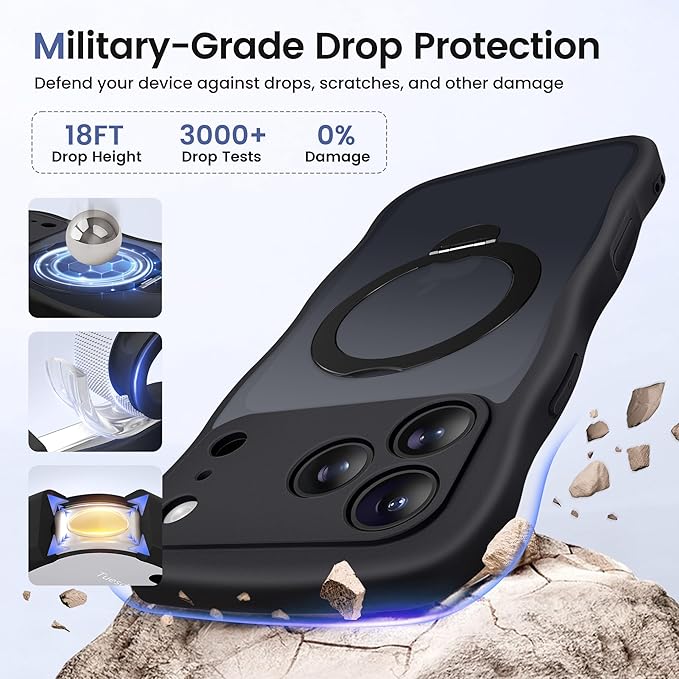CAPRARO for iPhone 17 Pro Max Case with 360° Spin Magnetic Stand for Women, [Compatible with MagSafe] [Full Camera Protection] Cute Wave Translucent Matte Case for iPhone 17 Pro Max, Black
