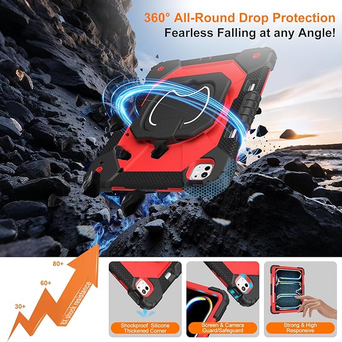 Case for iPad Pro 13 Inch M5 2025 / M4 2024, Auorld for iPad Pro 13 Inch M5 2025 with Screen Protector, 360 Degree Rotating Stand Shoulder Strap Pencil Holder, Black Red
