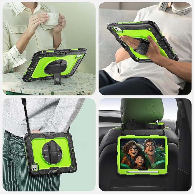 SEYMAC for iPad Pro 11 Inch Case M5 2025 / M4 2024, Heavy Duty Shockproof Protective Case with Screen Protector, 360° Rotating Stand, Hand/Shoulder Strap and Pen Holder, Green