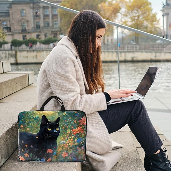 Laptop Sleeve Case 15 inch Plus Cute Mousepad, Black Cat Florals Slim Carrying Case Durable Handbag Protective Travel Laptop Bag for 13-15 inch Tablet,Laptop, Ultrabook Notebook