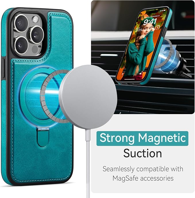 for iPhone 14 Pro Max Case with Stand, Compatible with MagSafe, Slim PU Leather & Durable TPU Protective Phone Cover Drop-Proof with Tempered Glass Screen Protector 6.7", Turquoise