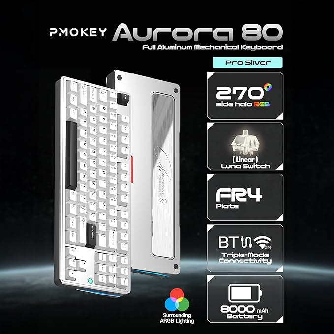 PMOKEY Aurora 80 CNC Full Aluminum Wireless Mechanical Keyboard with VIA/QMK, 8000mah Battery, Tri-Mode Wireless Gaming Keyboard Custom Hot Swappable RGB Backlit for Windows/Mac/PC (Pro Silver)