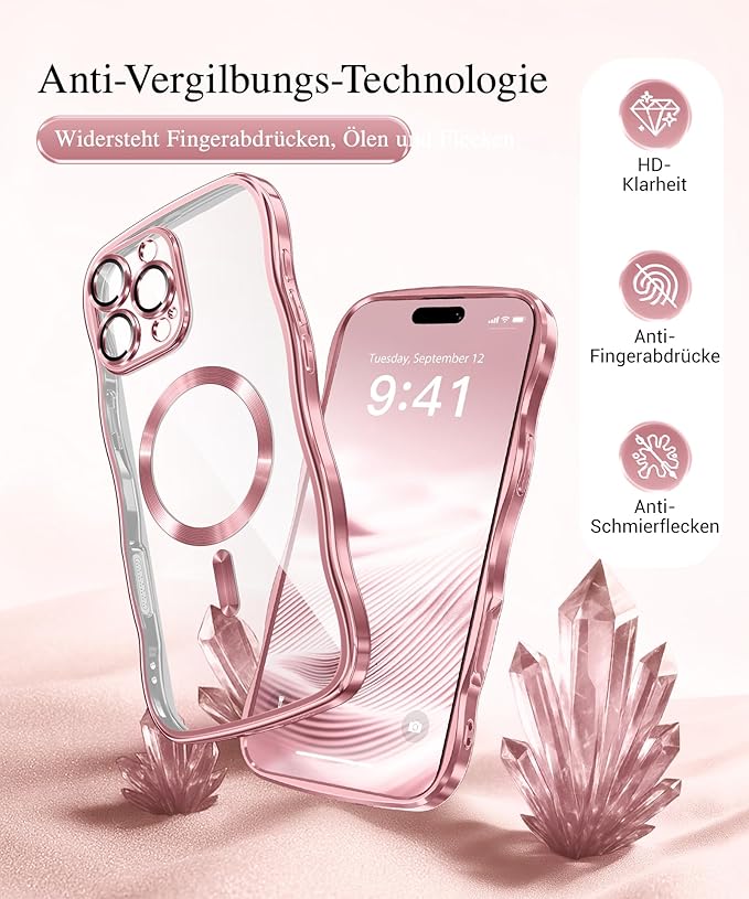 GVIEWIN for iPhone 16 Pro Case Compatible with MagSafe, Upgraded [Full Camera Protection][Cute Wave Frame][Military Grade Protection] Electroplated Soft Phone Cover for Women Girl, Clear/Pink
