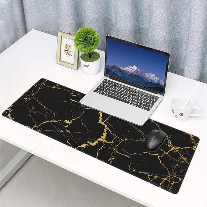 Black and Gold Marble XL Large Mouse Pad with Stitched Edges Long Non-Slip Rubber Base Mousepad Laptop Keyboard Mat Desk Pad for Office Home Desk Decor, 31.5" X 11.8"