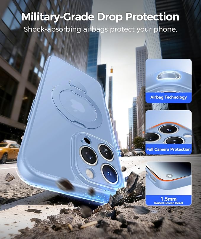 FNTCASE for iPhone 14 Pro-Max Case: [360 Spin Magnetic Stand] [Compatible with Magsafe] [Screen Protector] Translucent Matte Military Grade Shockproof Full Camera Protective Phone Cover - Light Blue
