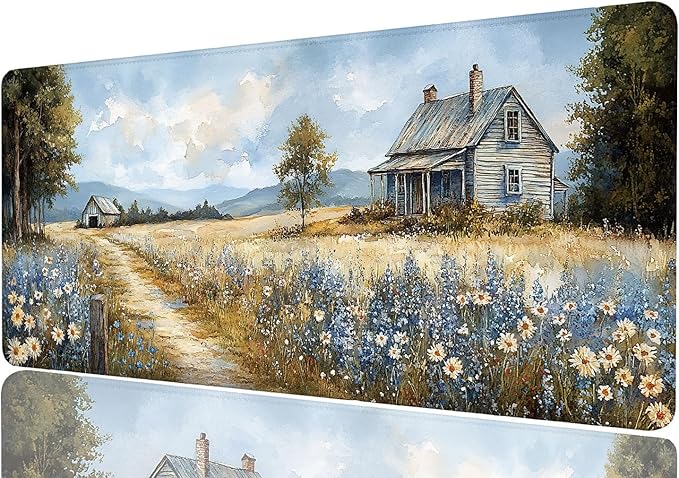 Farmhouse Extended Mouse Pad Wildflower Retro Grassland Blue Sky Mousepad XL Large Gaming Mouse Pad Laptop Keyboard Mat Desk Pad Daily Use with Keyboard and Laptop Devices 31.5x11.8 Inch