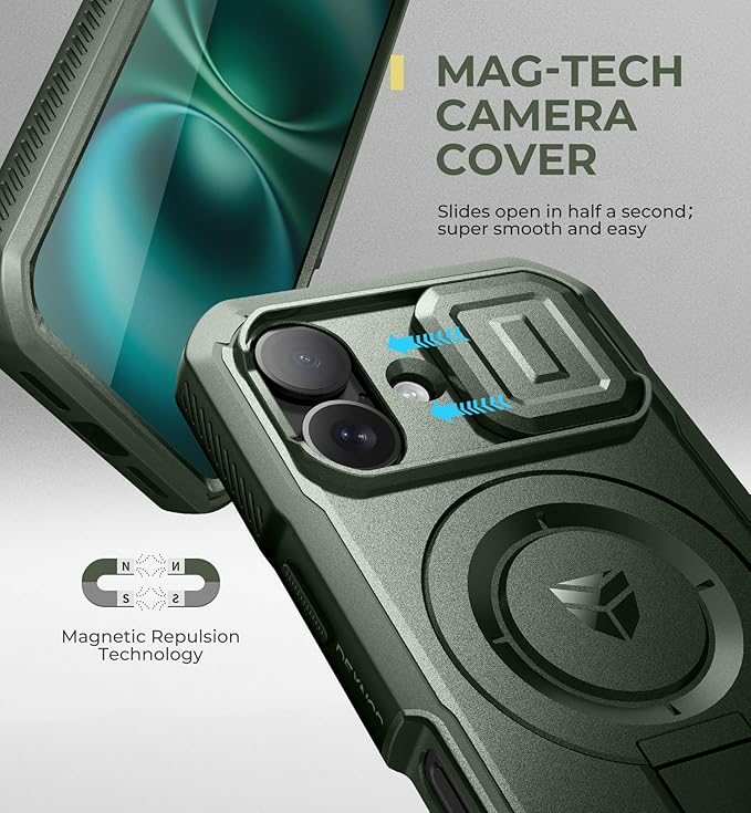Dexnor for iPhone 16 Case with Slide Camera Cover & Adjustable Kickstand & Built-in Screen Protector,Compatible with MagSafe Shockproof Bumper Cases Heavy-Duty Magnetic Protective Cover,Army Green