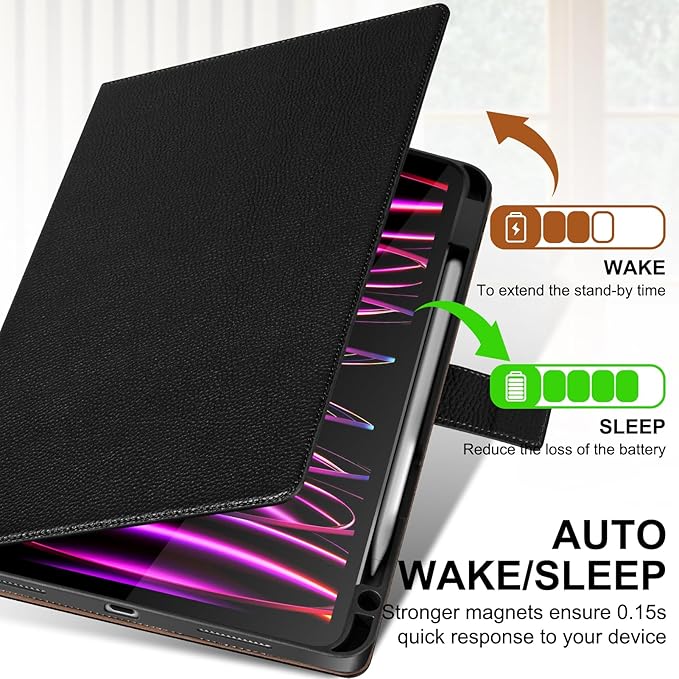 Genuine Leather Case for iPad Pro 11 Inch 4th/3rd/2nd/1st Generation 2022/2021/2020/2018 | with Pencil Holder and Adjustable Stand, Magnetic Closure, Auto Wake/Sleep Cover | Black