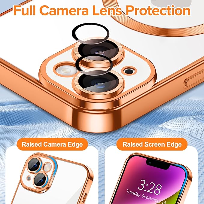 Hython Magnetic Clear for iPhone 14 Plus Case with Camera Lens Protector [Compatible with MagSafe] Luxury Plating Edge Slim Soft TPU Cover Protective Phone Case for iPhone 14 Plus 6.7", Orange