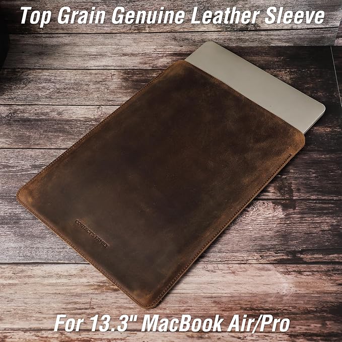 Top Grain Leather 13.3" Slim Laptop Sleeve Case Protector, Minimalist Vintage Design, Handmade, Compatible with MacBook Pro 13.3" MacBook Air M1/M2 ZENBOOK 13.3" & other PC, Coffee 13.3 Inch