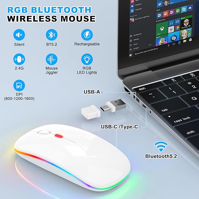 LED Bluetooth Wireless Mouse for MacBook Air Mac Pro Laptop Computer iPad, Rechargeable Silent Light-Up Mouse Jiggler Optical Dual Mode BT5.2 & USB-A/USB-C for Students, Kids, Girls, Boys - White