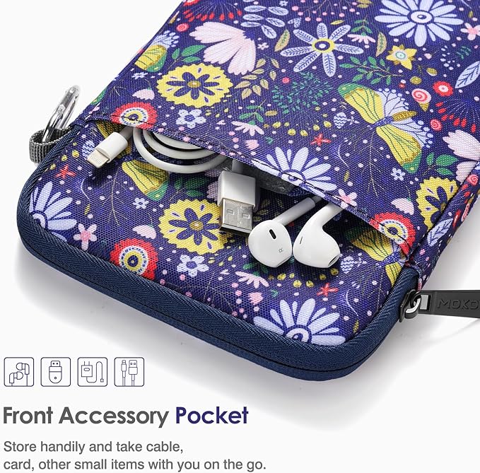 MoKo Padded Ereader Sleeve Case for 6-7 inch Ereader Tablet Bag Protective Cover Pouch with a Carabiner, Compatible with 7" Colorsoft Signature Edition 2024, Colorful Flowers