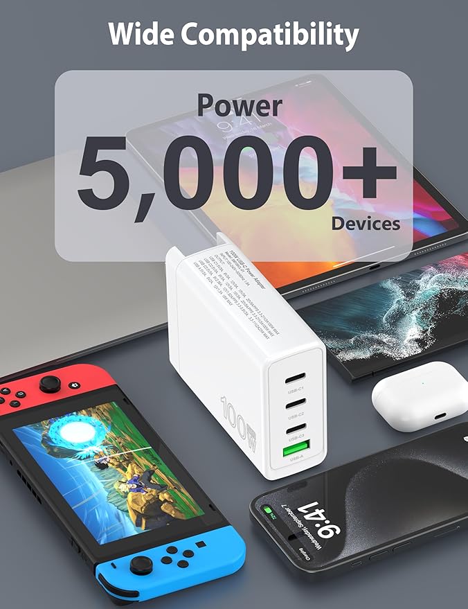 100W USB C Charger Block 4 Port Type C Charging GaN USB C Charger Compatible with MacBook Pro/Air iPad iPhone16/15/14/13 Pro Max Lenovo Hp Dell Asus Acer Galaxy S24/S23 Fast Wall Power Adapter