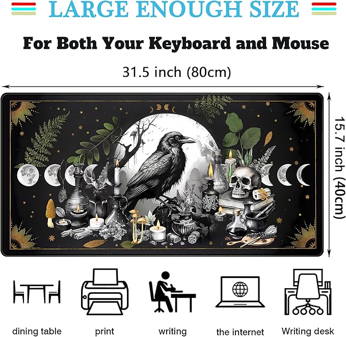 Cute Kawaii Raven Desk Mat XXL Large Extended Gaming Mouse Pad Nature Forest Gothic Mousepad with Stitched Edges, Anime Skull Laptop Keyboard and Mouse Mat Desk Pad for Work Game 31.5x15.7 in