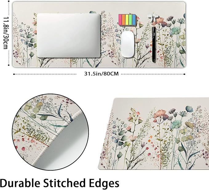 Cute Wild Flowers Mouse Pad XL Boho Aesthetic Floral Chic Plant Extended Table Mat 80X30cm Non-Slip Rubber Base Stitched Edge Large Mousepad for Desk Gaming Laptop Desk Top,31.5×11.8 Inch