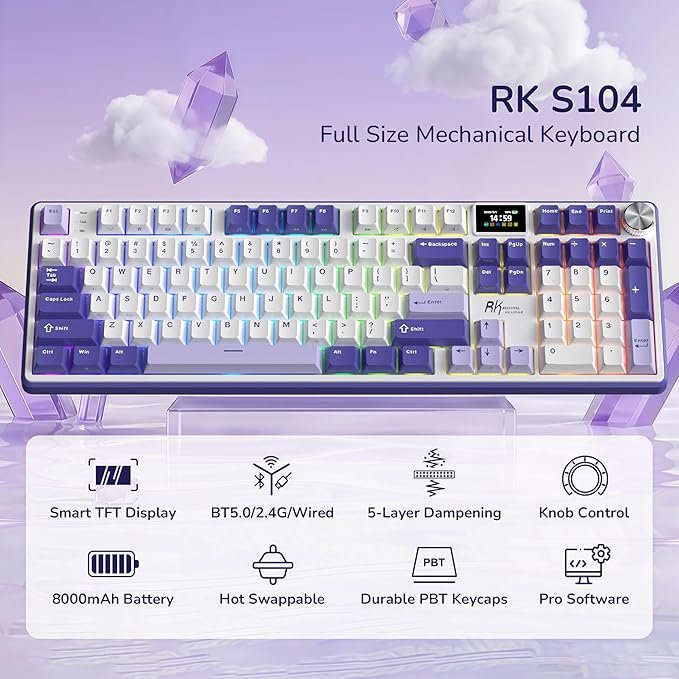 RK ROYAL KLUDGE S104 Wireless Mechanical Keyboard w/Screen & Knob, Full Size Gaming Keyboard with 8000mAh Battery, RGB Backlit Hot Swappable Pre-lubed Switches, Creamy Sounding Computer Keyboards