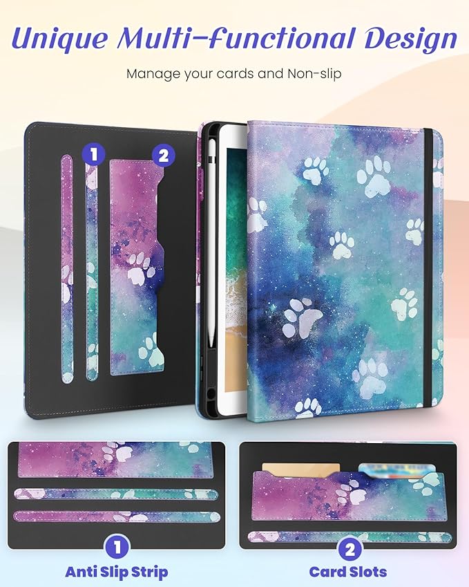 Kidcube for iPad 5th Generation Case 2017/Air 1st 2013/Pro 9.7 Inch Case 2016 - Women Girls Kids Cute Rotating Stand Folio Cover with Pencil Holder & Card Slot Kawaii Cartoon Cool Dogs Design Cover