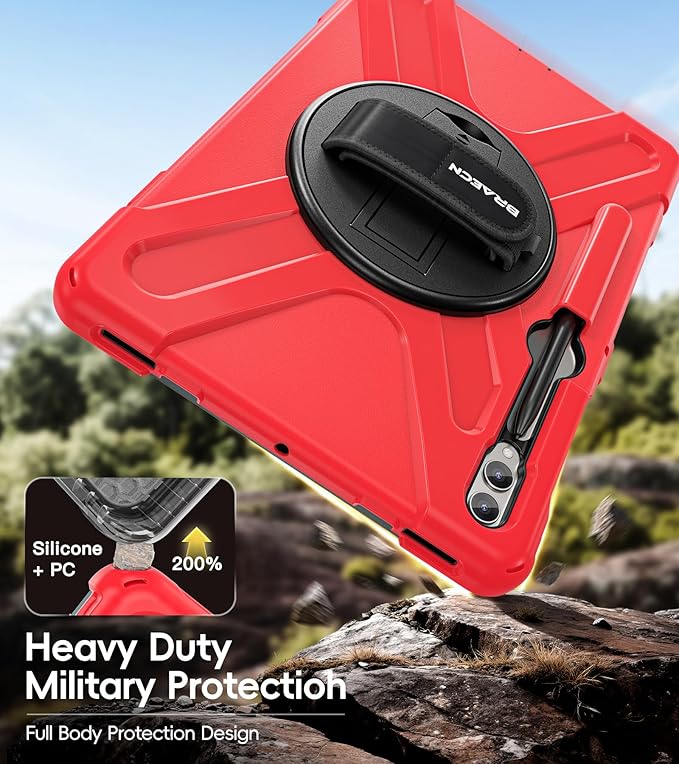 BRAECN for Samsung Galaxy Tab S10 Plus Case 2024/S9 Plus/S9 FE+/S8 Plus/S7 Plus /S7 FE 12.4 Inch,Heavy Duty Shockproof Case with S Pen Holder&360 Rotating Hand Strap/Kickstand Shoulder Strap,Red