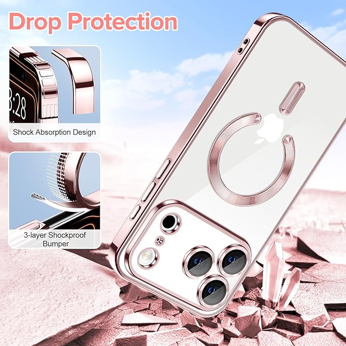 Hython Magnetic Clear for iPhone 17 Pro Case with Camera Lens Protector [Compatible with MagSafe] Luxury Plating Edge Slim Soft TPU Cover Protective Phone Case for iPhone 17 Pro 6.3", Pink