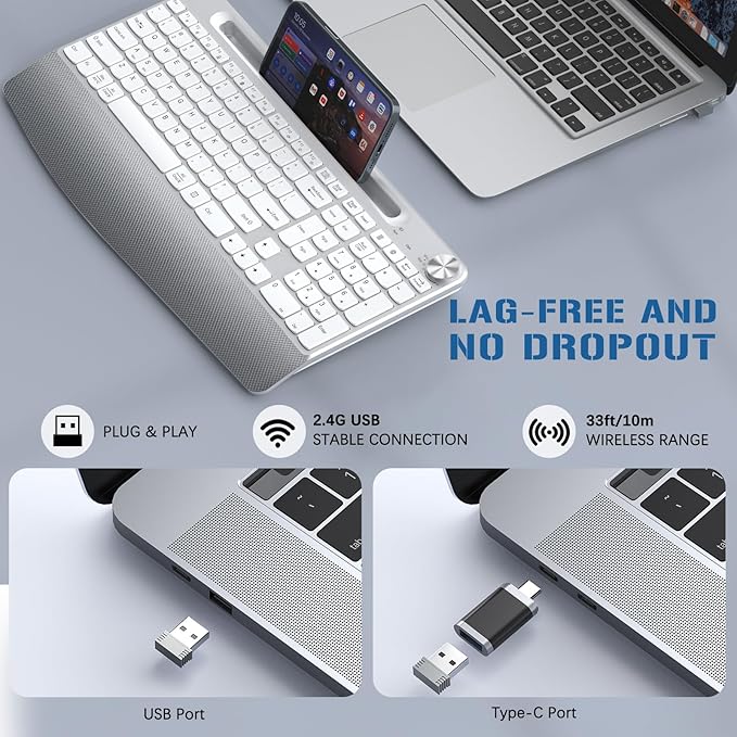 GAMCATZ Ergonomic Wireless Keyboard with Wrist Rest-Low-Profile,Phone/Tablet Holder,Quiet Design，Windows & Mac OS，Full Size Cordless USB Computer Keyboard for Desktop,Laptop, PC, Mac, Windows-White