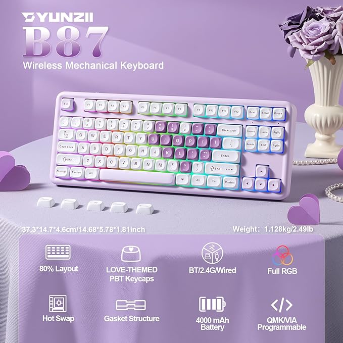 YUNZII B87 Wireless Mechanical Keyboard,QMK/VIA Programmable,TKL Layout 87 Keys,BT/2.4G/USB-C,Hot Swap Gasket Mount RGB Backlit Gaming with Wrist Rest for Win/Mac (Purple Heart, Milk V2)