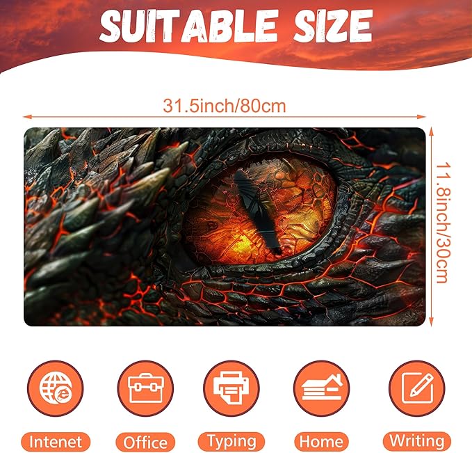 Desk Pad, Fire Dragon Eyes Gaming Mouse Pad, 31.5"x15.7" Extended Big Computer Keyboard Mouse Mat with Non-Slip Base and Stitched Edge