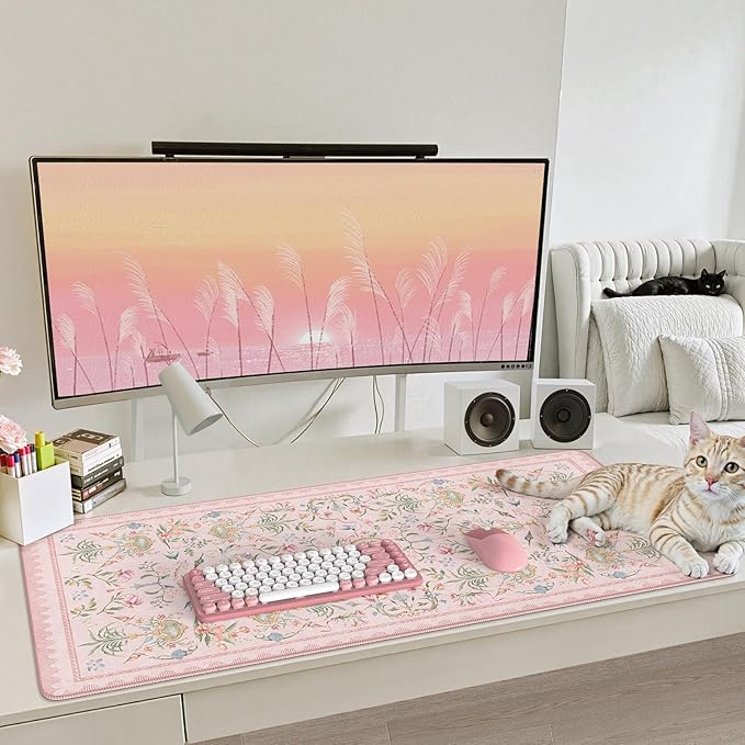 iCasso Pink Desk Cover Mat,Big Mouse Pad for Laptop,Aesthetic Computer Pad with Stitched Edges,Non Slip Keyboard Mat for Desktop,Cute Floral Desk Protector for Office Home Dorm