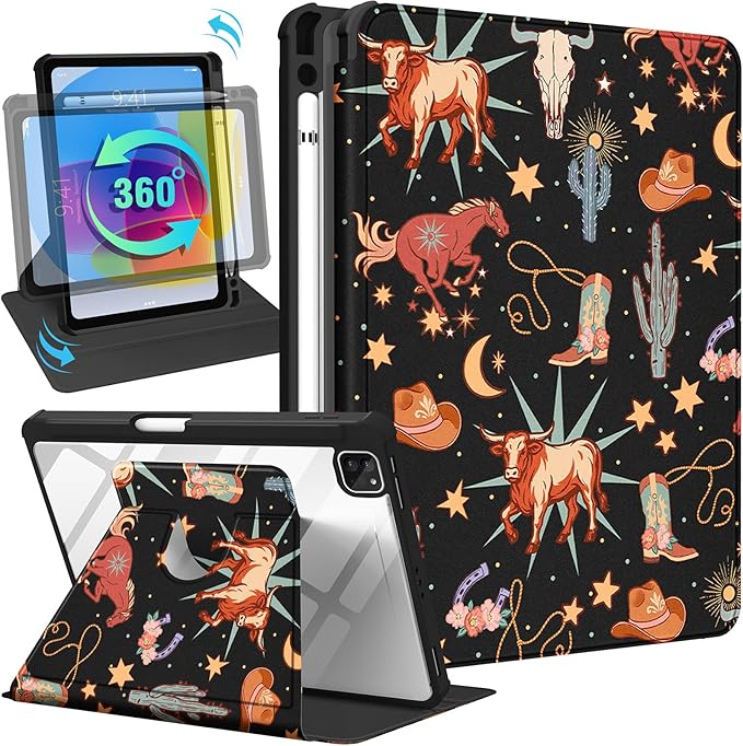 Uppuppy for iPad Air 11 inch Case(Air M4 2026, 8th Gen/M3 2025/M2)/Air 5th/4th Gen 10.9", for iPad Pro 11 inch Case(4th/3rd/2nd/1st Gen) - 360 Rotating Folio Cover with Pencil Holder, Western Cowboy