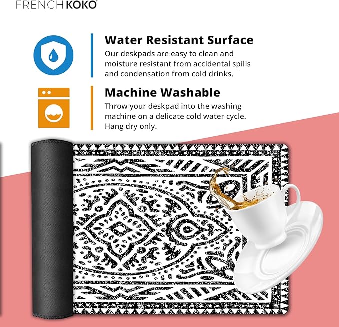 French KOKO Desk Mat, Large Desk Pad Large Mouse Pad Cute Desk Accessories Home Office Essentials XL Desk Mat Desk Pad Keyboard Mouse Desk Pads Computer Cute Women Girls (Black White Rug, 36" x 16.5")