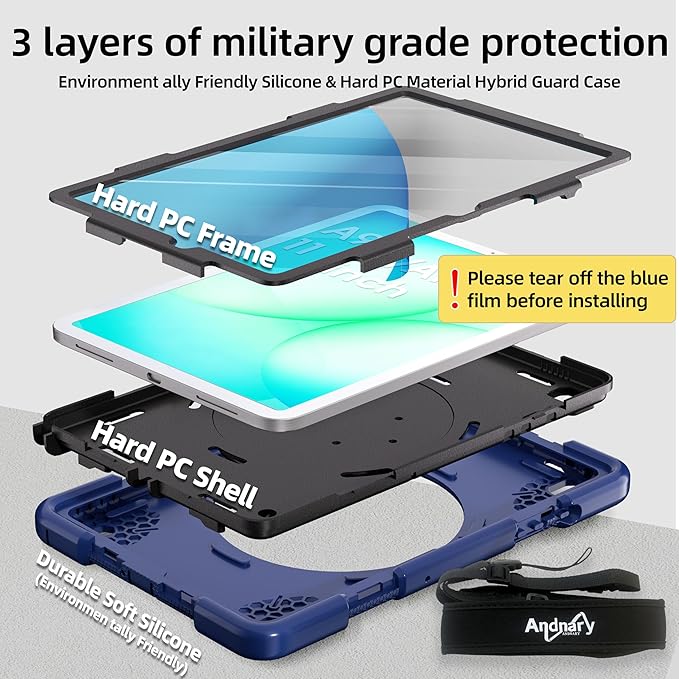 Andnary Case for Samsung Galaxy Tab A9+/A9 Plus Case 11 Inch with Screen Protector/360° Rotating Stand/Pen Holder/Shoulder Strap, Shockproof Cover for Tablet A9+ 5g (Navy+Black)