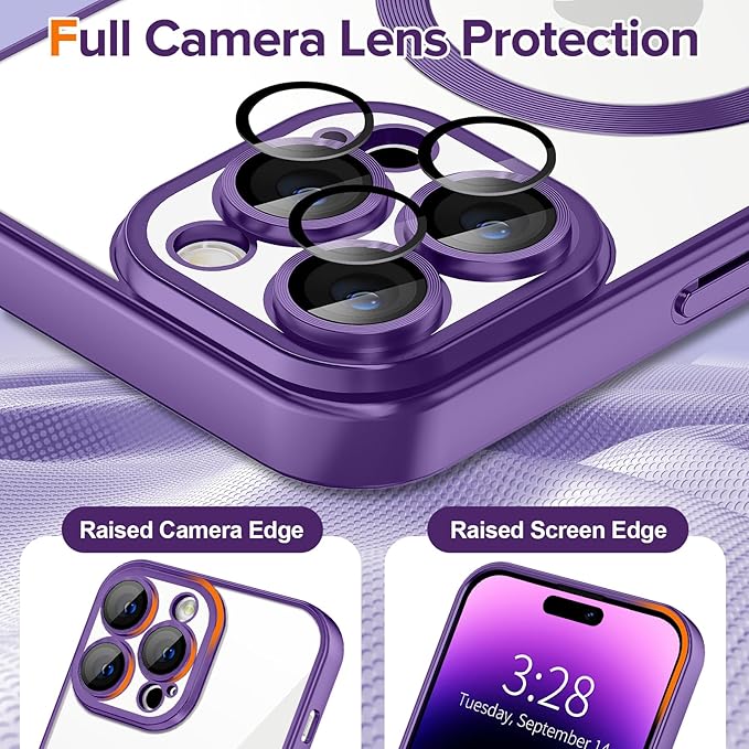 Hython Magnetic Clear for iPhone 14 Pro Case with Camera Lens Protector [Compatible with MagSafe] Luxury Plating Edge Slim Soft TPU Cover Protective Phone Case for iPhone 14 Pro 6.1", Matte Purple