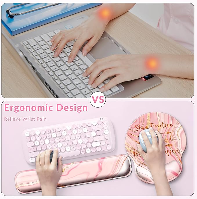 Large Mouse Pad and Keyboard Wrist Rest + Desk Mat Set,Full Long Mouse Pads for Desk Accessories with Memory Foam Gel Pink Mousepad for Women Computer Desktop Office Work-Rose Gold & Pink