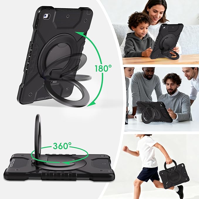 Andnary Case for iPad 9th/8th/7th Generation 10.2 inch, Shockproof Cover with Screen Protector/360° Rotating Handle/Bracket/Pen Holder/Shoulder Strap, Kids Case for iPad 2021/2020/2019 (Black)