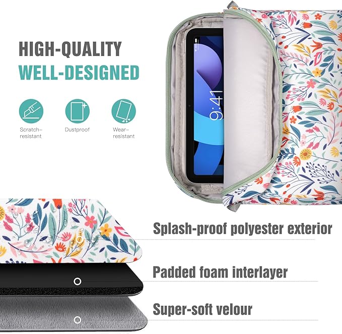TiMOVO 9-11 Inch Tablet Sleeve Bag with Shoulder Strap for iPad 11-inch A16 2025, iPad 10th Gen. 10.9"/10.2", Galaxy Tab A9+/A11Plus 11", Flowers